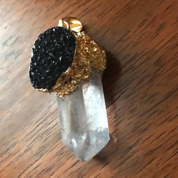 “Black Druzy & Clear Quartz” Crystal Pyramid Terminated Point Wand Gold Necklace - Picture 11 of 16